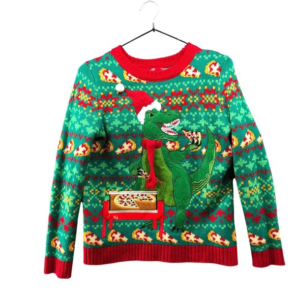 32 Degrees T-Rex Ugly Christmas Sweater Kids Youth 10/12 Pizza Embroidered - Picture 1 of 7